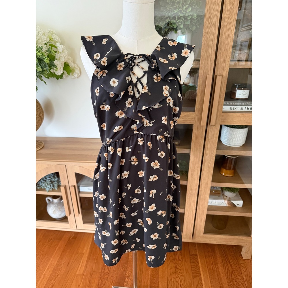 Kimchi Blue Floral Ruffle Lace Up Dress Navy Blue Peach Size 8